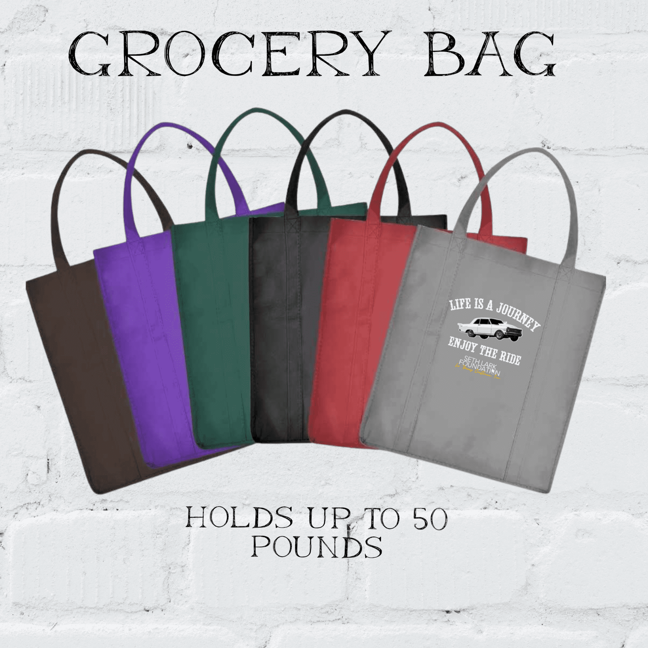 Colorful reusable grocery bags with various designs.