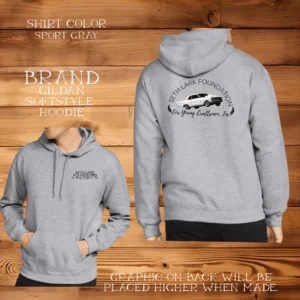 A gray hoodie with a picture of a car on it.