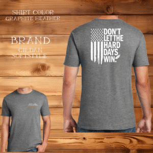 Gray shirt with motivational text and design.